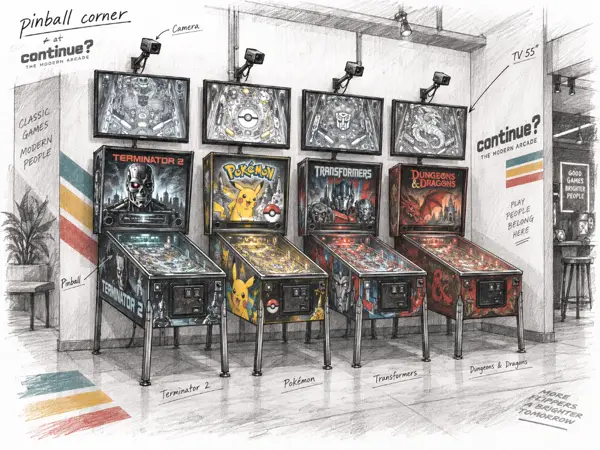 Small sketch of four pinball machines in a row, each with a screen above it.