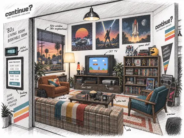 Small sketch of an 80s living room with a CRT television, a sofa, and a shelf of games.