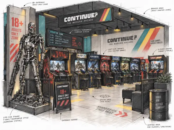 Small sketch of an adults-only shooter aisle with light-gun cabinets and a tall figure at the entrance.