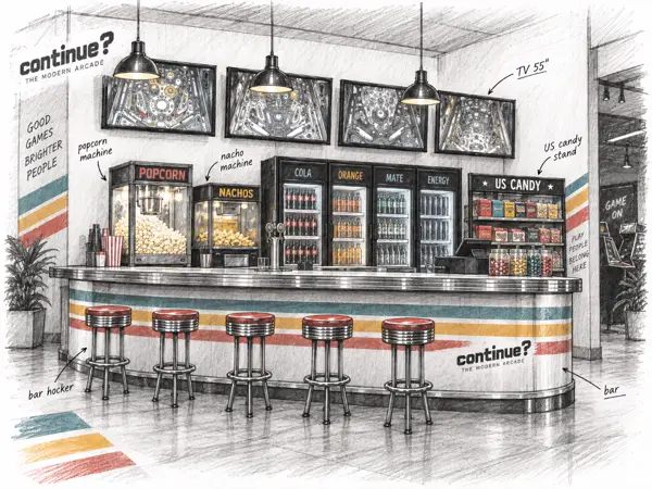 Small sketch of a snack counter with stools, a popcorn machine, and drink fridges.