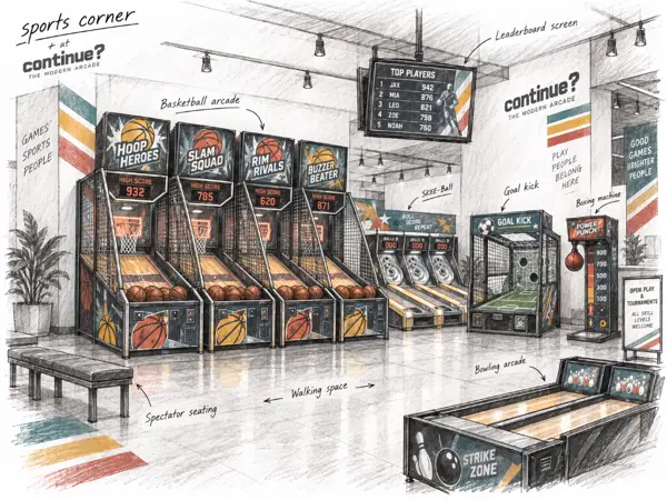 Small sketch of a sports corner with basketball machines, skee-ball, and a bowling lane.