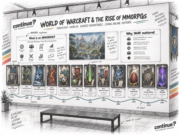 Small sketch of a museum wall with a timeline and a row of lit display cases.