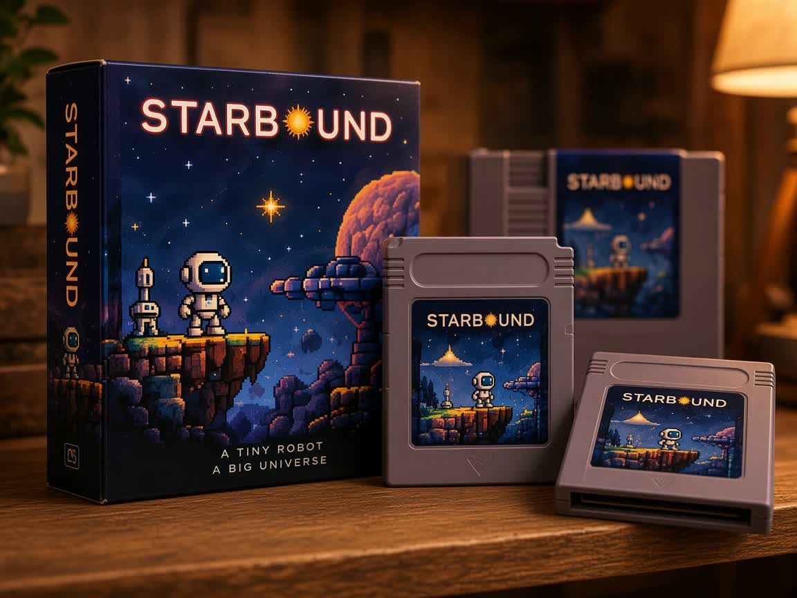 A Starbound retail box and cartridges on a wooden shelf